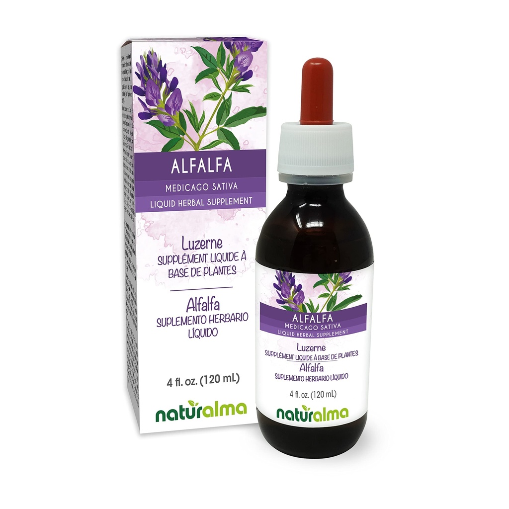 Naturalma alphalfa או Lucerne (Medicago Sativa) צמח עם פרחים ללא אלכוהול טינקטורה חינם - עשיר Chlorophyll טבעי - 4 oz נוזל לחלץ טיפות - Herbal תוסף - טבעוני