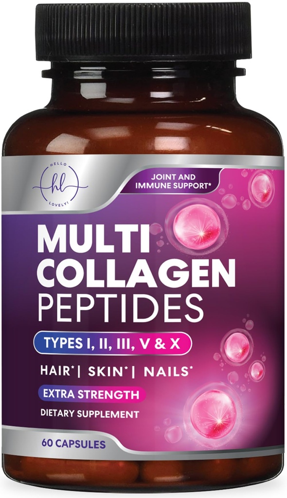 Multi Collagen תוסף 2400 מ"ג - סוגים I, II, III, V & X Multi Collagen Peptides Pills for Women & Men, hydrolyzed Collagen תוספים, שיער, עור, ריח ותמיכה משותפת, 60 קפסולות