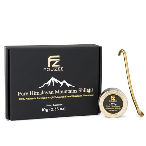 FOUZEE טהור הרי ההימלאיה Shilajit - 77% + Fulvic Acid Authentic Hard Consistency, מקור טבעי של Fulvic Acid, מעל 85 מינרלים Trace, כולל Stainless Steel Spoon (10 גרמות)