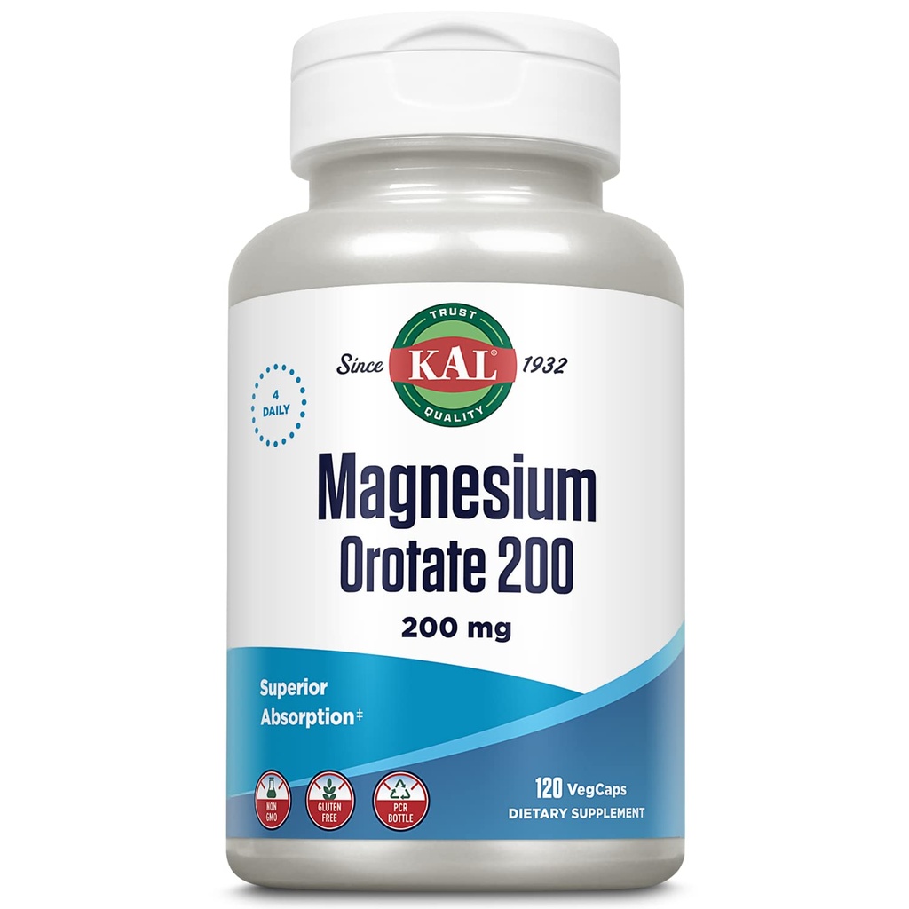 KAL Magnesium Orotate 200 מ"ג, פורמולה עילית, Chelated Magnesium עבור עצמות בריאות, שיניים, Nerve ותפקוד שרירים, Vegetarian, non-GMO, Gluten Free, 30 משרתות, 120 VegCaps