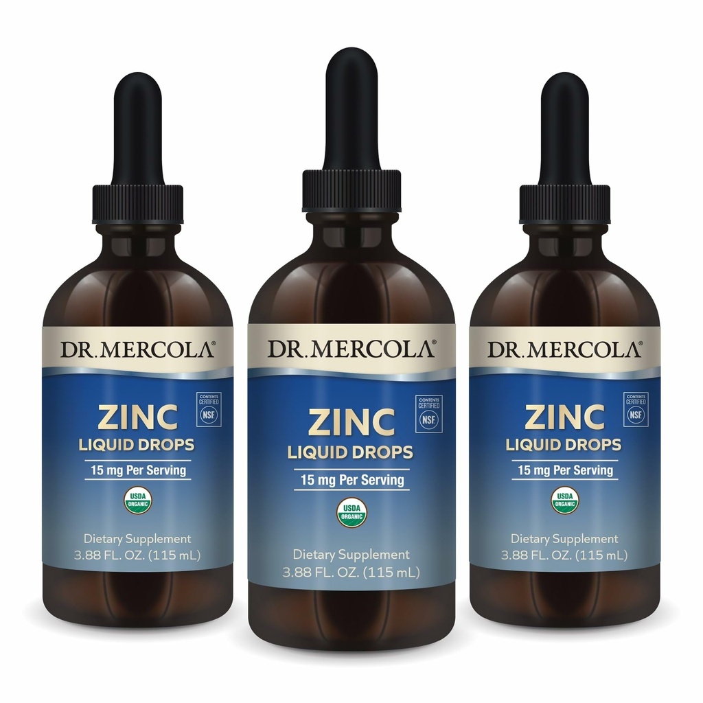 Dr. Mercola Zinc Liquid Drops - תומך Immune & Organ Health - 15 מ"ג נוזל Zinc אורגני טיפות - USDA אורגני - NSF מוסמך - non-GMO, Gluten-Free & Soy-Free - 3.88 floz (3 Pack)