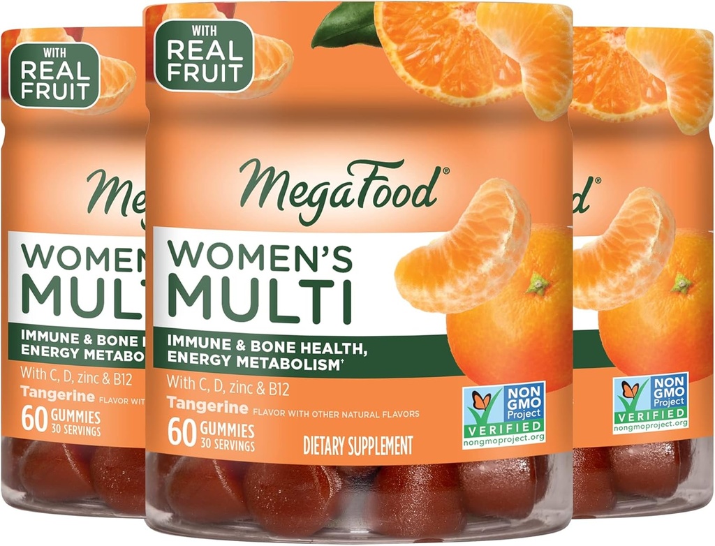Mega Food Women's Multi-vitamin for Women-חניכיים ויטמינים C, ויטמין D, Zinc, ויטמין B12 & Choline- Immune Support & Bone Health- Vegetarian- Tangerine - 60 מסטיקים (30 משרתים) 3 Pack