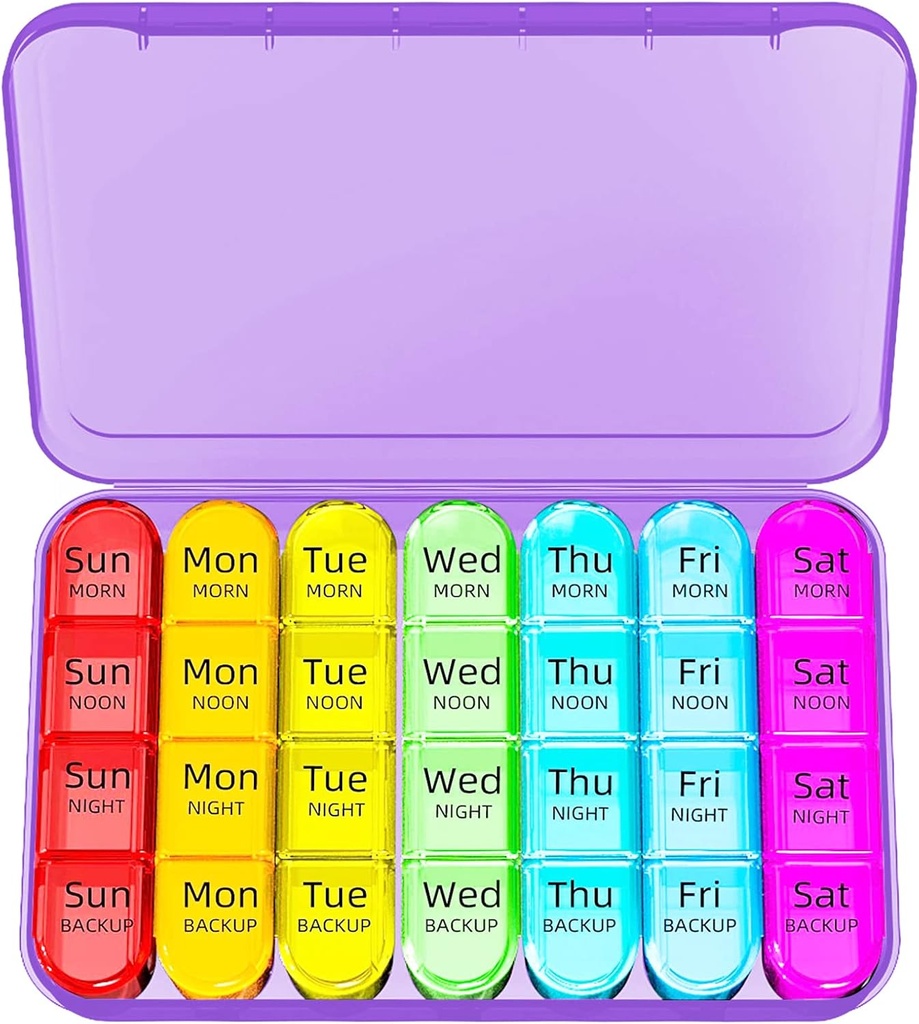 Odaro Weekly Pill מארגנת 4 פעמים ביום, Daily Pill Box 7 Day, Big Travel Pill Case עם 28 השוואתיות ל-Hold Medicine, ויטמין ותוסף - Purple Case