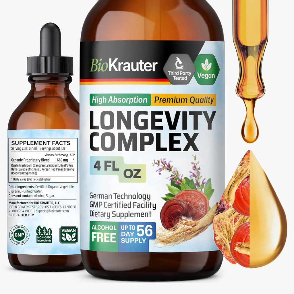 BIO KRAUTER Longevity Mushroom תוסף - נוזל Reishi Mushroom Complex with Goat's Rue & Red גינזנג Root Extracts 4 Fl.Oz.