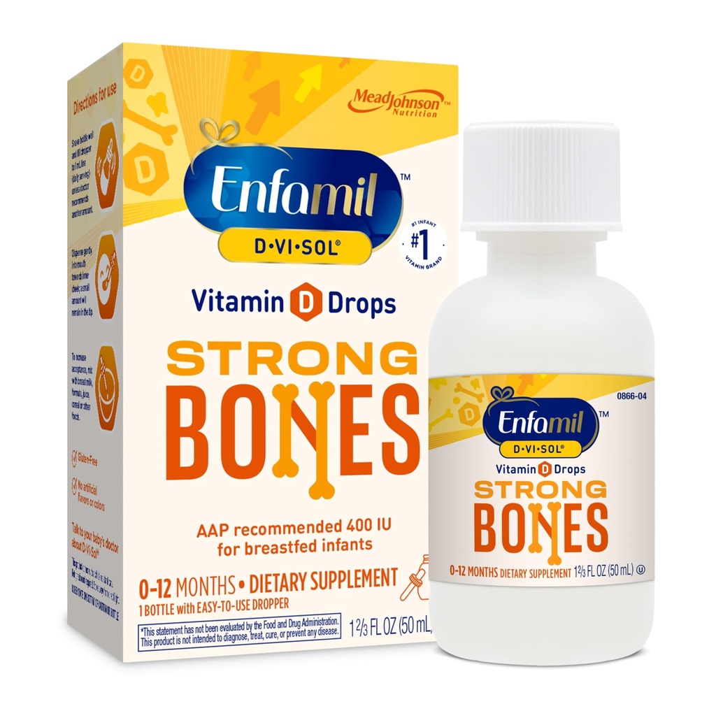 Enfamil Baby ויטמין D-Vi-Sol נוזלי ויטמין D טיפות, תומך שיניים חזקות ופיתוח העצם, 50mL בקבוק