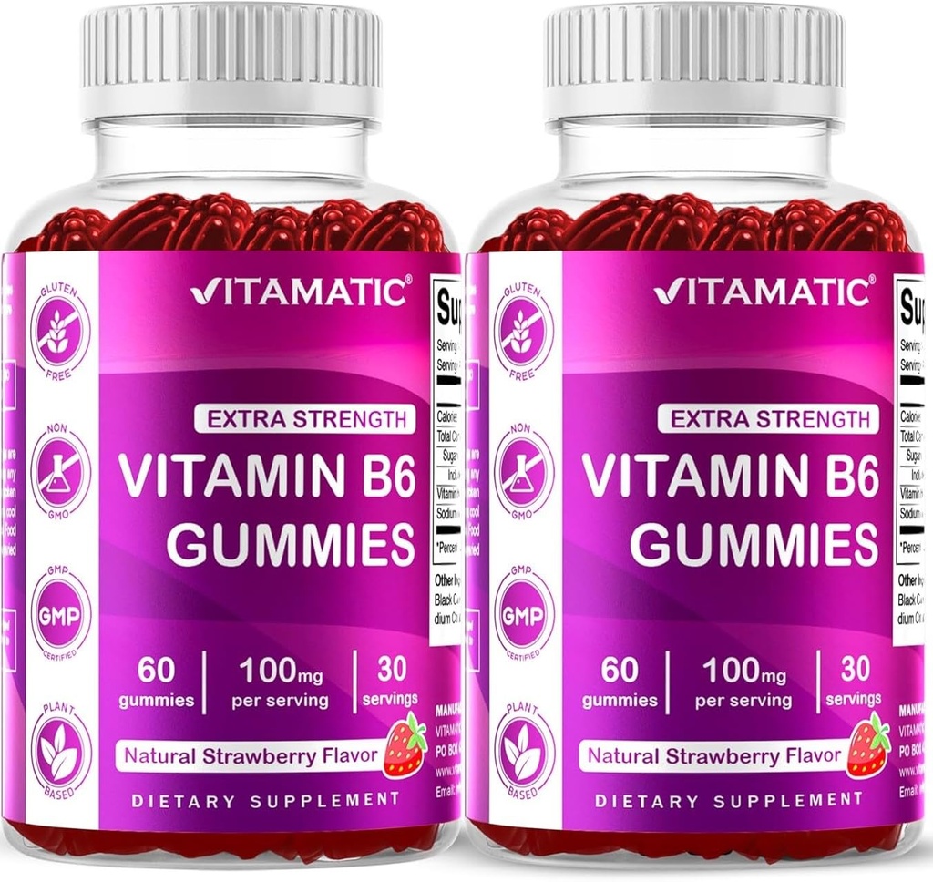 Vitamatic 2 Packs ויטמין B6 100 מ"ג חניכיים - Natural Strawberry Flavor - 60 חניכיים המבוססות על Pectin לבקבוק - מערכת העצבים & אנרגיה תמיכה