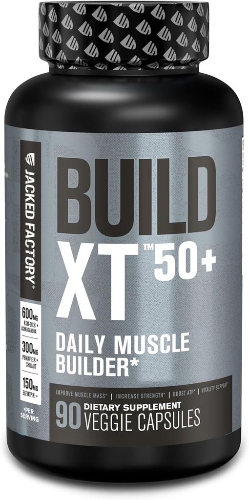 Jacked Factory Build-XT 50+ Daily Muscle Builder - תוספת שרירים וצמחוני עבור גברים ונשים עם KSM-66 Ashwagandha, Primavie Shilajit, ElevATP, & Astragin - 90 Count Count Count