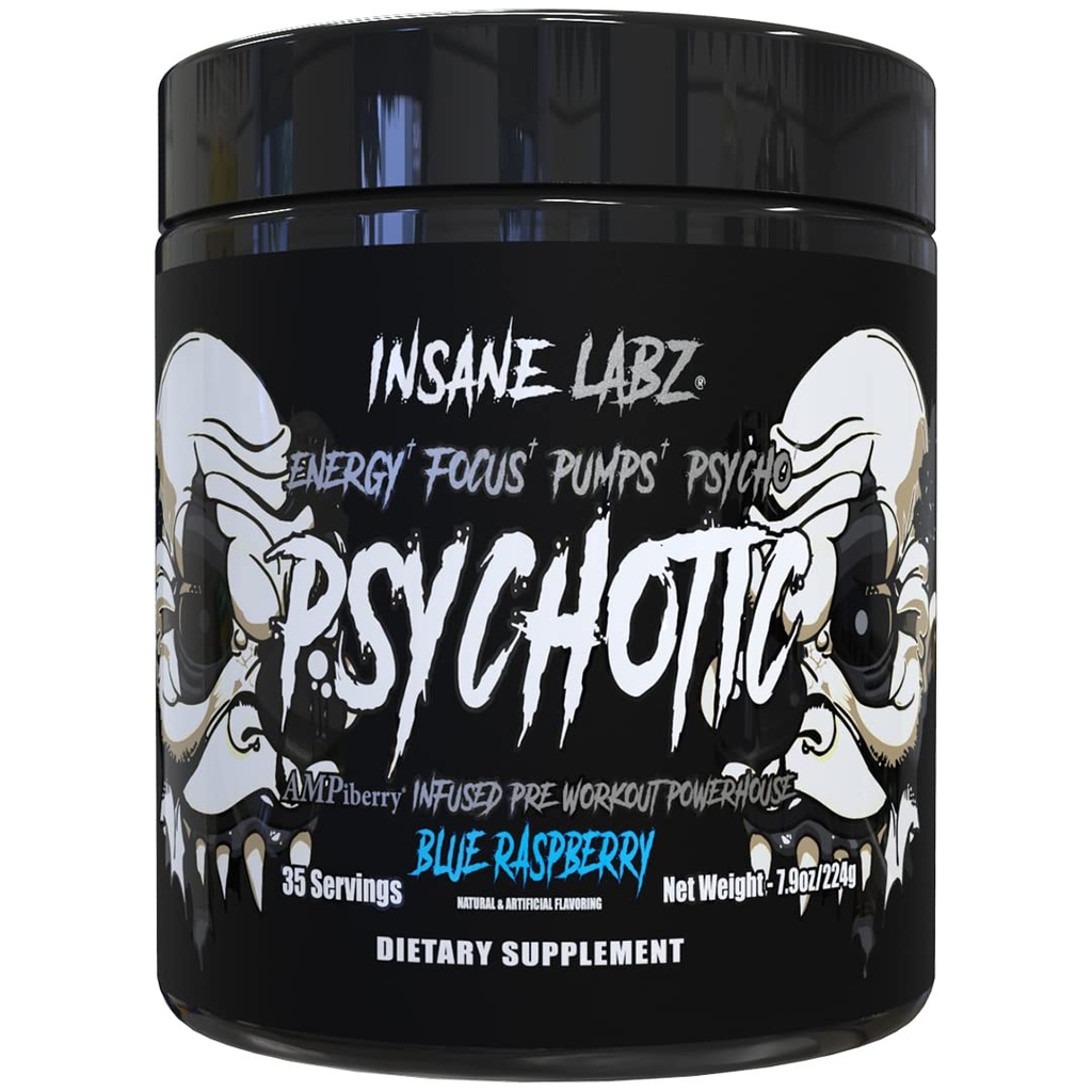 Insane Labz Psychotic Black Edition Mid Stimulant Pre Workout אבקה, משאבות אנרגיה פוקוס, טעון עם קריטין Beta Alan Turine מודלק על ידי AMPiberry, 35 משרתים (כחול פטל)