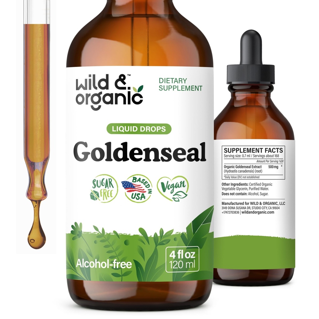 Wild & אורגני Goldenseal Tincture - Lung & Digestive Support - Goldenseal Root Extracts - טבעוני, סוכר ואלכוהול חינם Herb תוסף - 4 fl oz oz