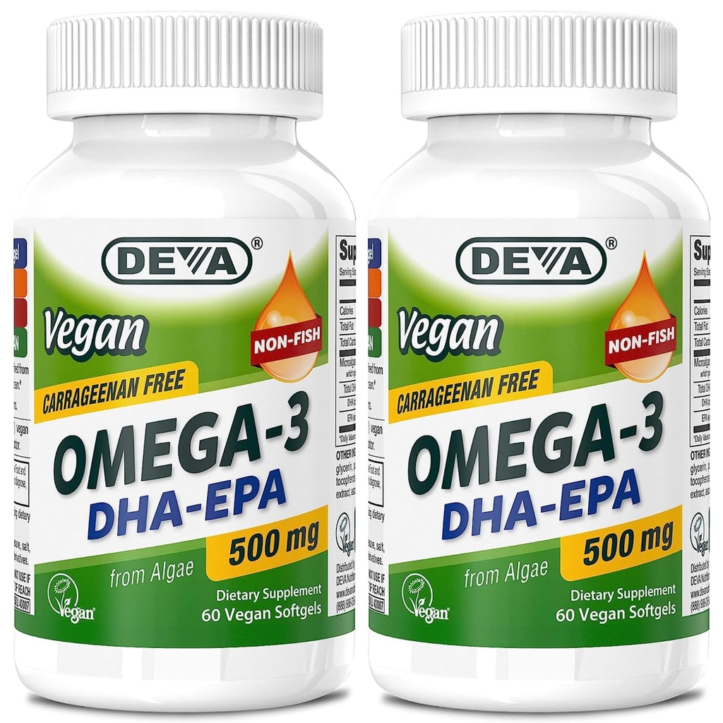 DEVA Vegan אומגה 3 DHA-EPA 500MG 2Pack - No Carrageenan, non-Fish Oil Derived מ Algae, Non-GMO, 60 Gelatin-Free Softgels Ea