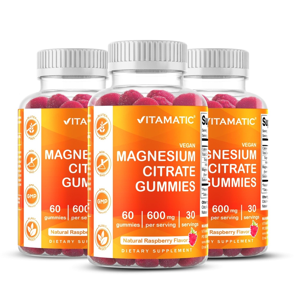 Vitamatic Magnesium Gummies 600 מ"ג לשרת - 60 חניכיים טבעוניות - הירגעות, שרירים, עצמות ואנרגיה תמיכה - 3 Pack