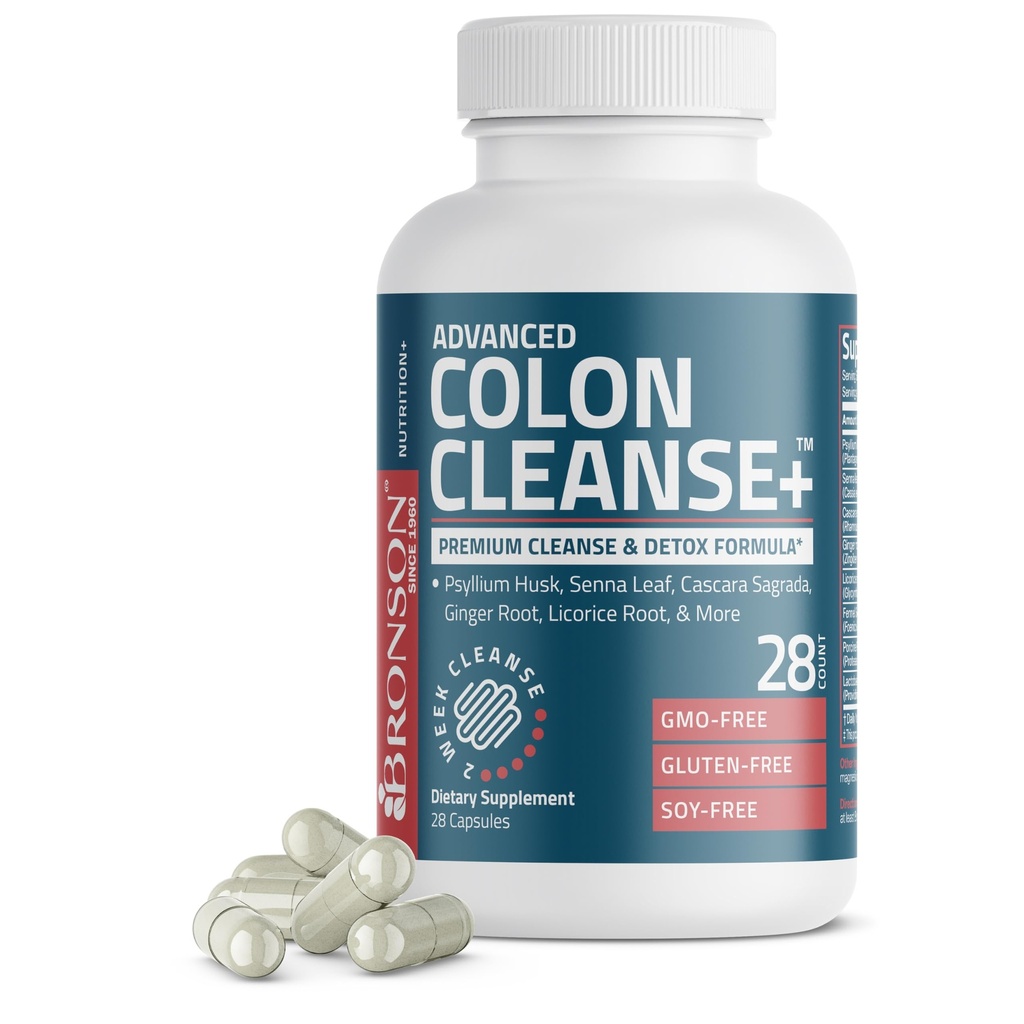 Bronson Advanced Colony Cleanse Premium 14 Day Cleanse & Detox Formula with Psyllium Husk, Senna Leaf, Cascara Sagrada, ג'ינג'ר Root & More, Non-GMO, 28 קפסולות
