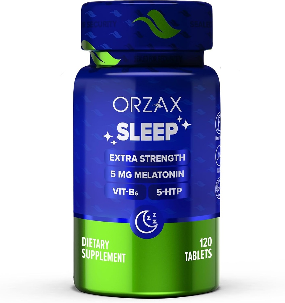 ORZAX Sleep - Melatonin 5 מ"ג, ויטמין B6 ו- 5-HTP תוסף - ויטמין שינה מנוחה למבוגרים (120 טבליות)