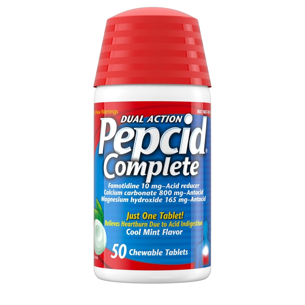צמצם Acid השלם + Antacid עבור Acid Reflux, 10 מ"ג Famotidine, 800 מ"ג Calcium Carbonate & 165 מ"ג Magnesium hydroxide per Heartburn Medicine Tablet, Antacid Chews, Mint, 50 ct ct.
