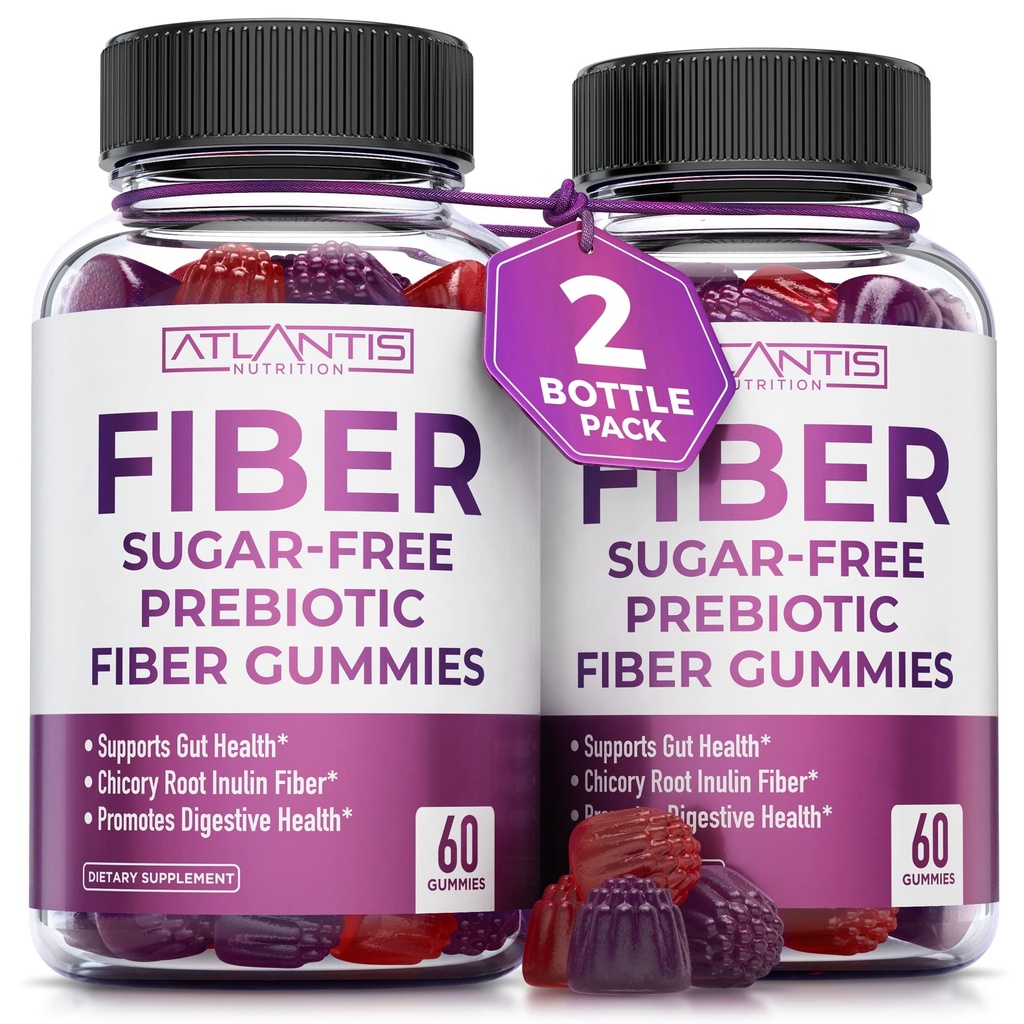 Atlantis Nutrition Sugar Free Fiber Gummies for Adults - 5G סיבים תוסף פורמולה עם 5.4G Preביוטיקה Digestive בלגן - תומך Gut Health & מקדם בריאות - 2Pack 120 חניכיים