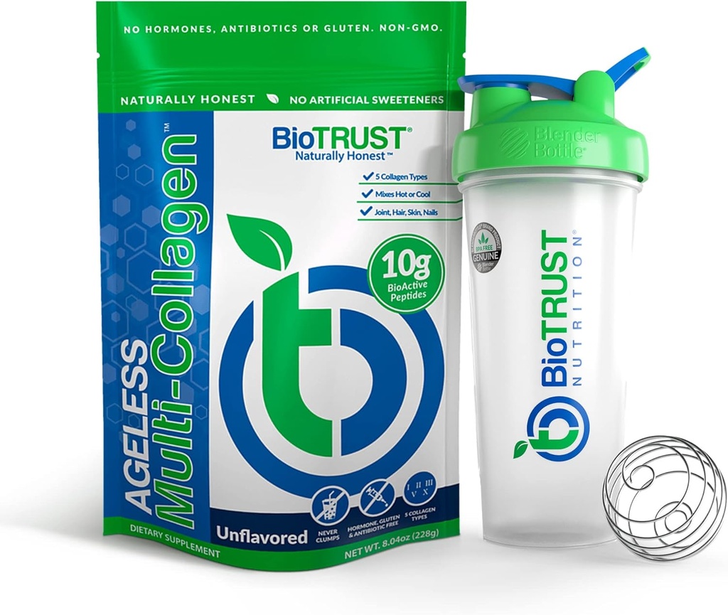 BioTrust Ageless Multi Collagen 5-in-1 אבקת חלבון (Unflavored) בלנדר בוטל בונדל