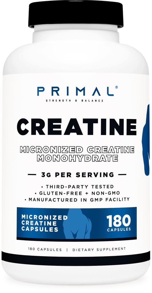 Primal Creatine Monohydrate (3,000 Mg, 180 Caps) - תוסף Micronized Creatine, 750mg Per קפסולה, גדול עבור Preworkout ושיקום - Gluten-Free, non-GMO