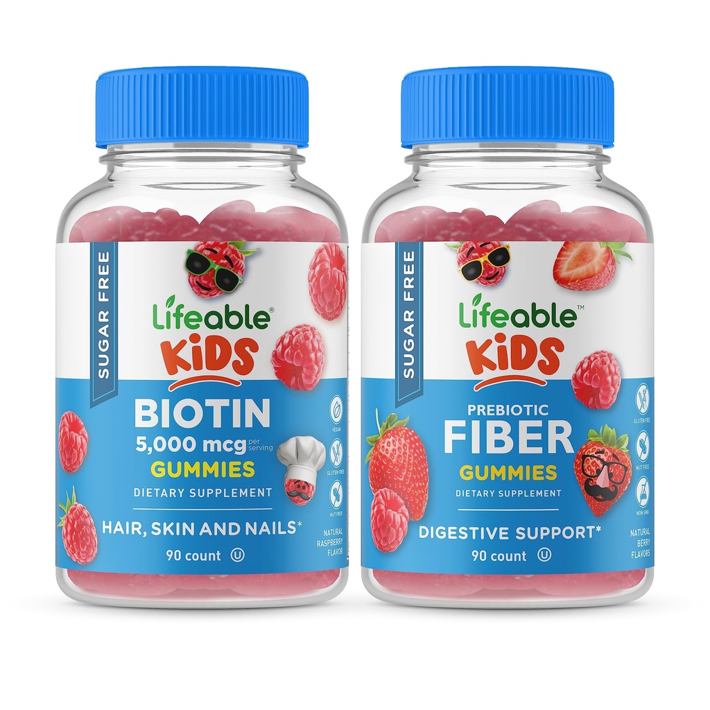 Lifeable Sugar Free Biotin Kids + Preciotic סיבים ילדים, חניכיים Bundle - גדול Tasting, ויטמין תוסף, Gluten Free, GMO חינם, Chewable Gummymy