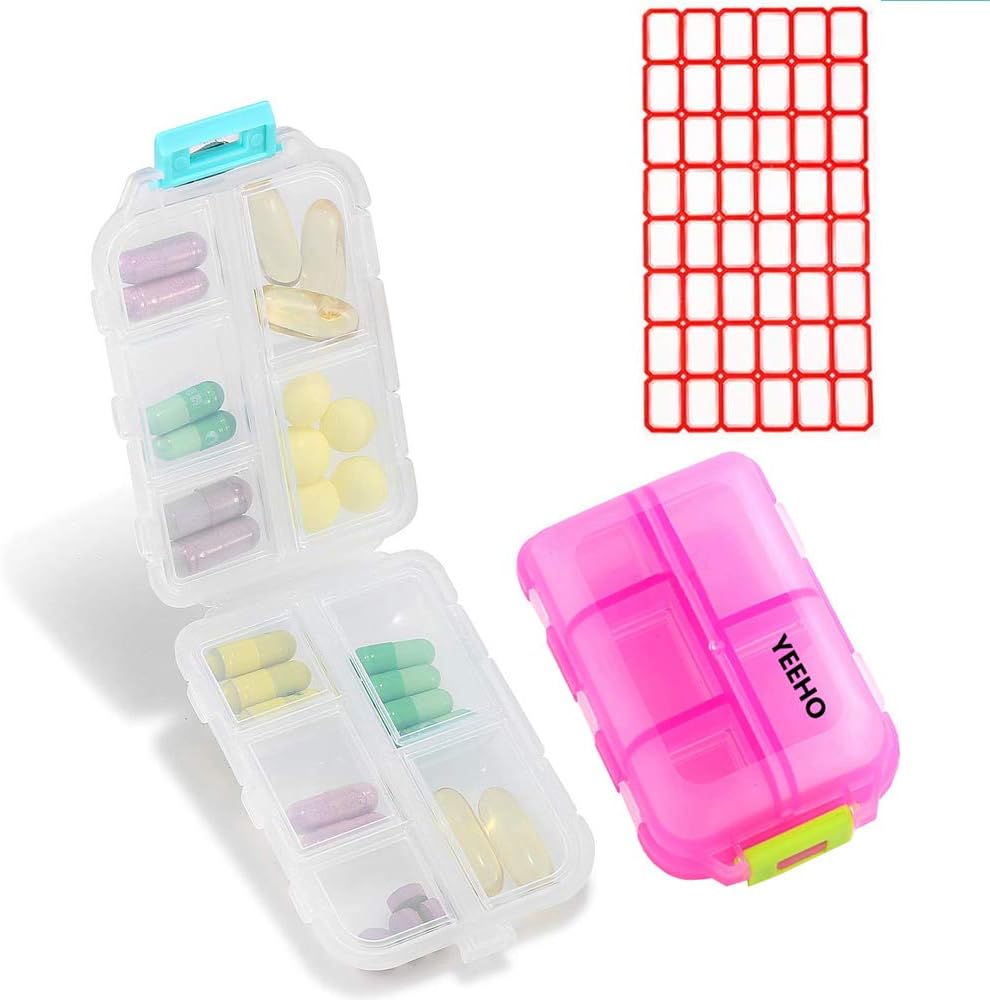 גלולת גלולה (2 Pack) - Portable Small Supplements Tablet Container Box with 10 השוואתיות - אמזון קפסולת מארגנת Dispenser Holder Storage for Travel Trip Pocket Purse (Pink+White)