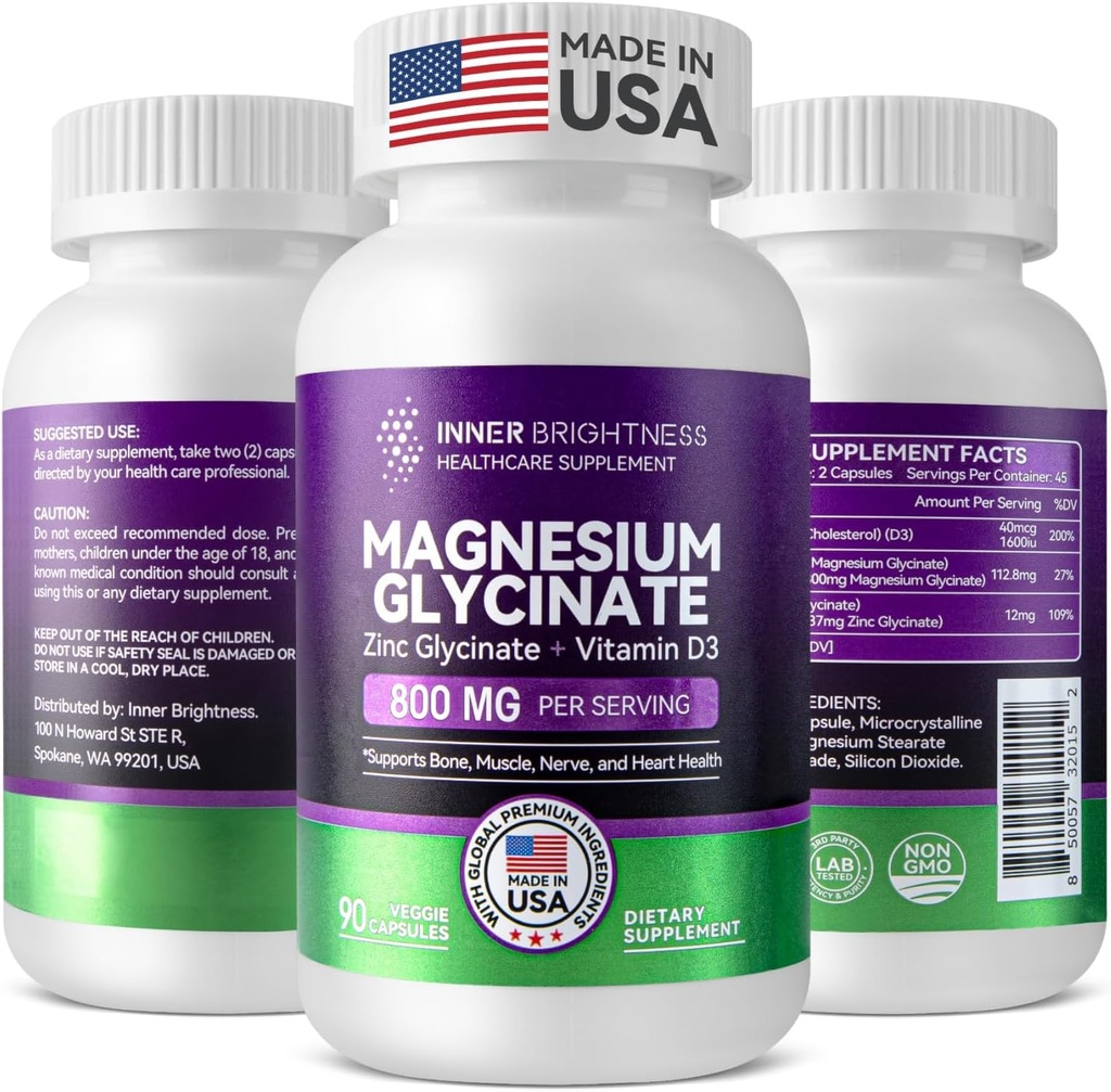 Magnesium Glycinate - מגנזיום תוספת עם Zinc & ויטמין D3 עבור Immune, העצם & שריר תמיכה בריאות הלב - non-GMO, Gluten-Free, Gentle על Stomach - 90 קפסולות צמחוניות