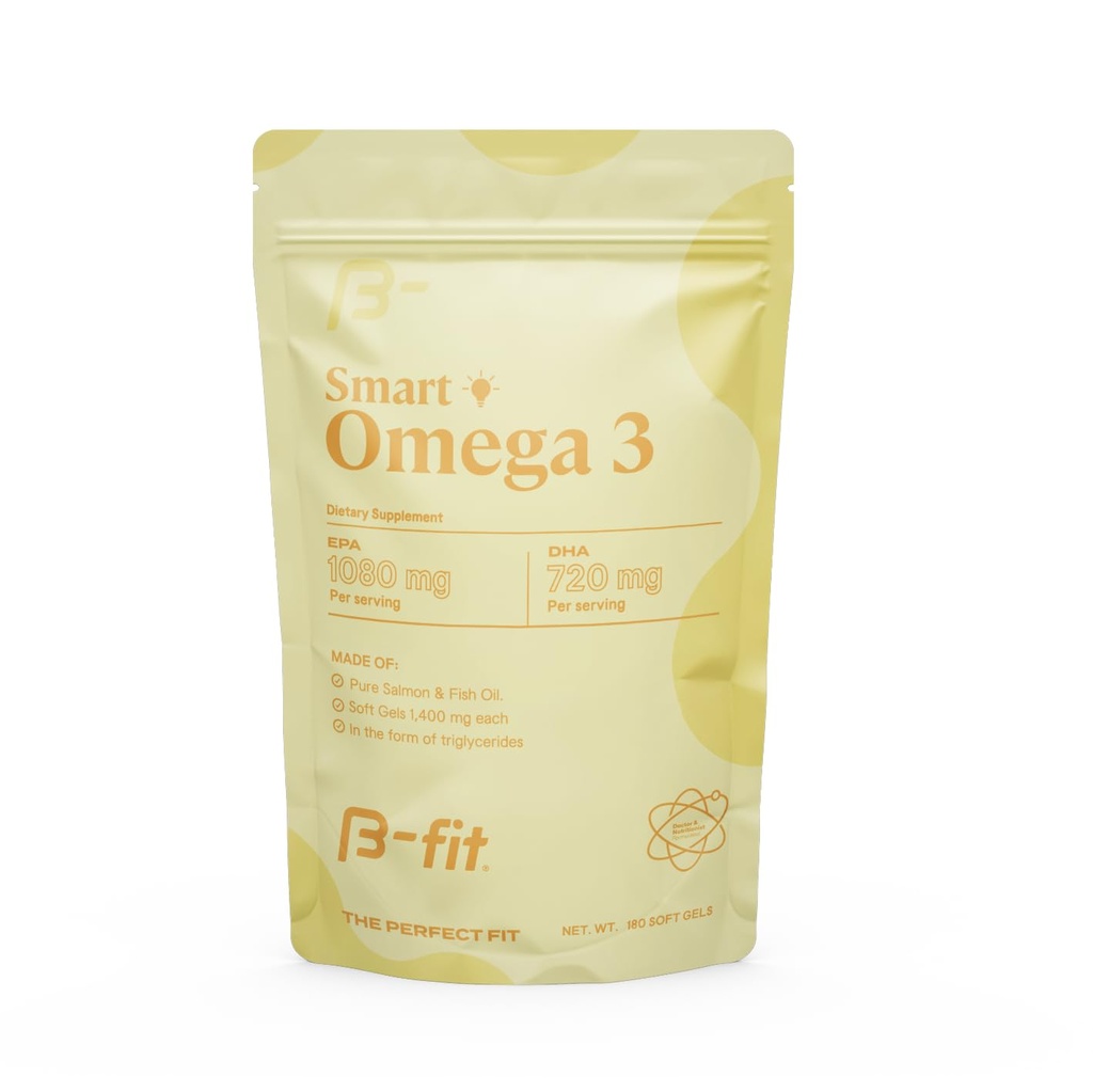 B-FIT אומגה 3 שמן דגים - High Potency Patented פורמולה - 1800 מ"ג עם 1080 מ"ג EPA & 720 מ"ג DHA - 180 Softgels של Norwegian Salmon - 60 יום אספקה - לב, המוח ותמיכה משותפת