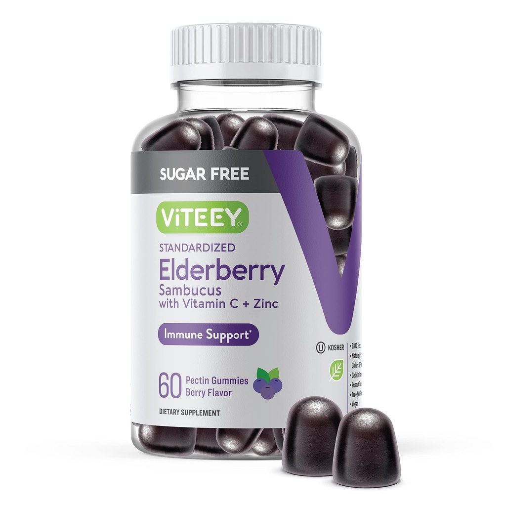 VITEEY Sambucus Elderberry Gummies for Adults & Teens + Zinc & ויטמין C - סוכר חינם - Immune Support & Booster Herbal Supplement - טבעוני, Gluten Free, Gelatin חינם, GMO חינם, Chewable Brad Flavored