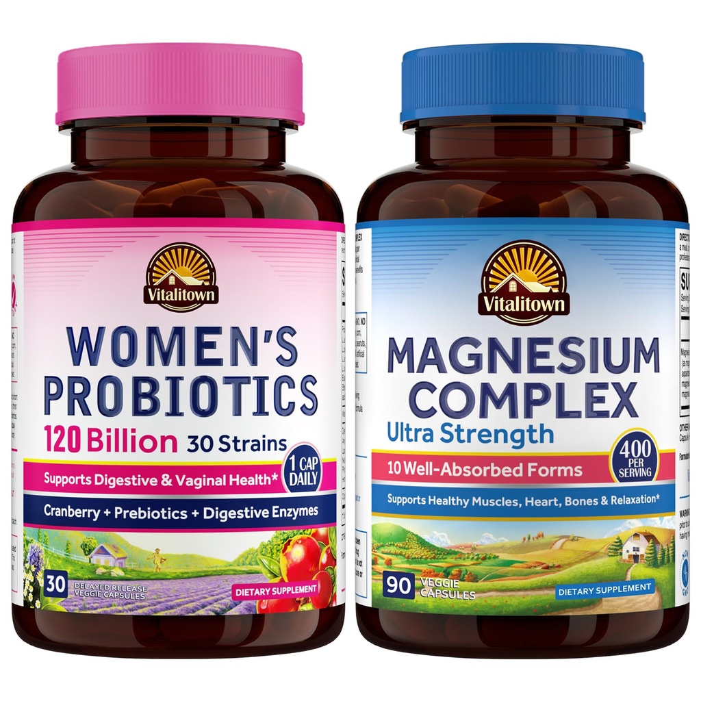 Vitalitown Magnesium + Probiotic Bundle (Pack of 2) | 10in-1 Magnesium Complex & Women's Probiotics 120 מיליארד CFUs | 90 Magnesium Caps & 30 Probiotic Caps