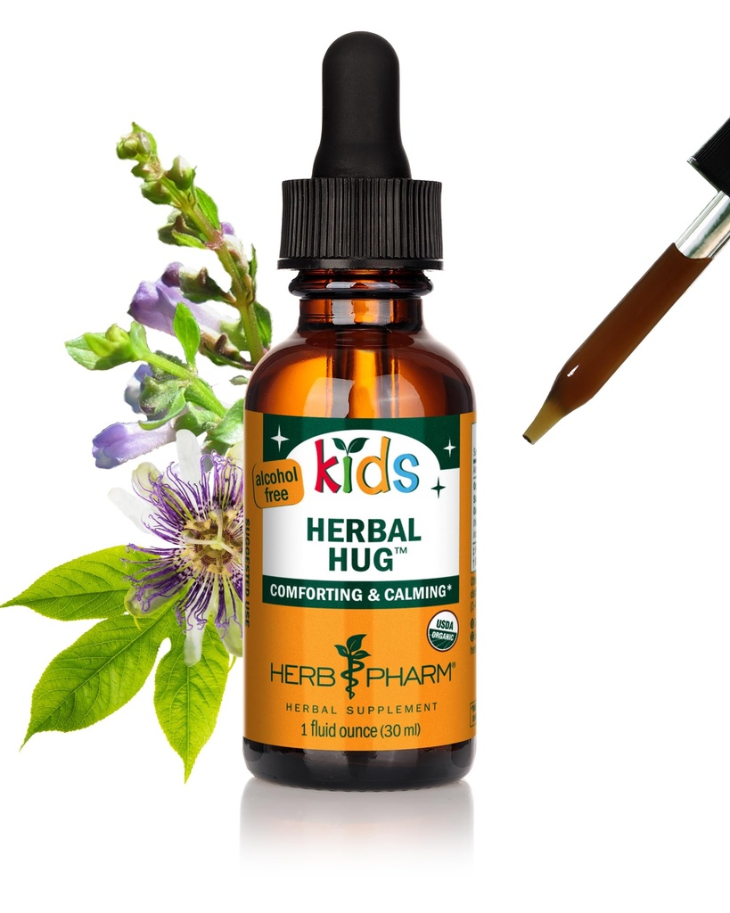 Herb Pharm ילדים אורגני צמח Hug: מערכת העצבים תמיכה עם Skullcap, Passionflower, Mullein & Oat Seed | Fast-Absorbing & Alcohol-Free, Kid-Friendly Taste, Extract for Kids, 1 oz*