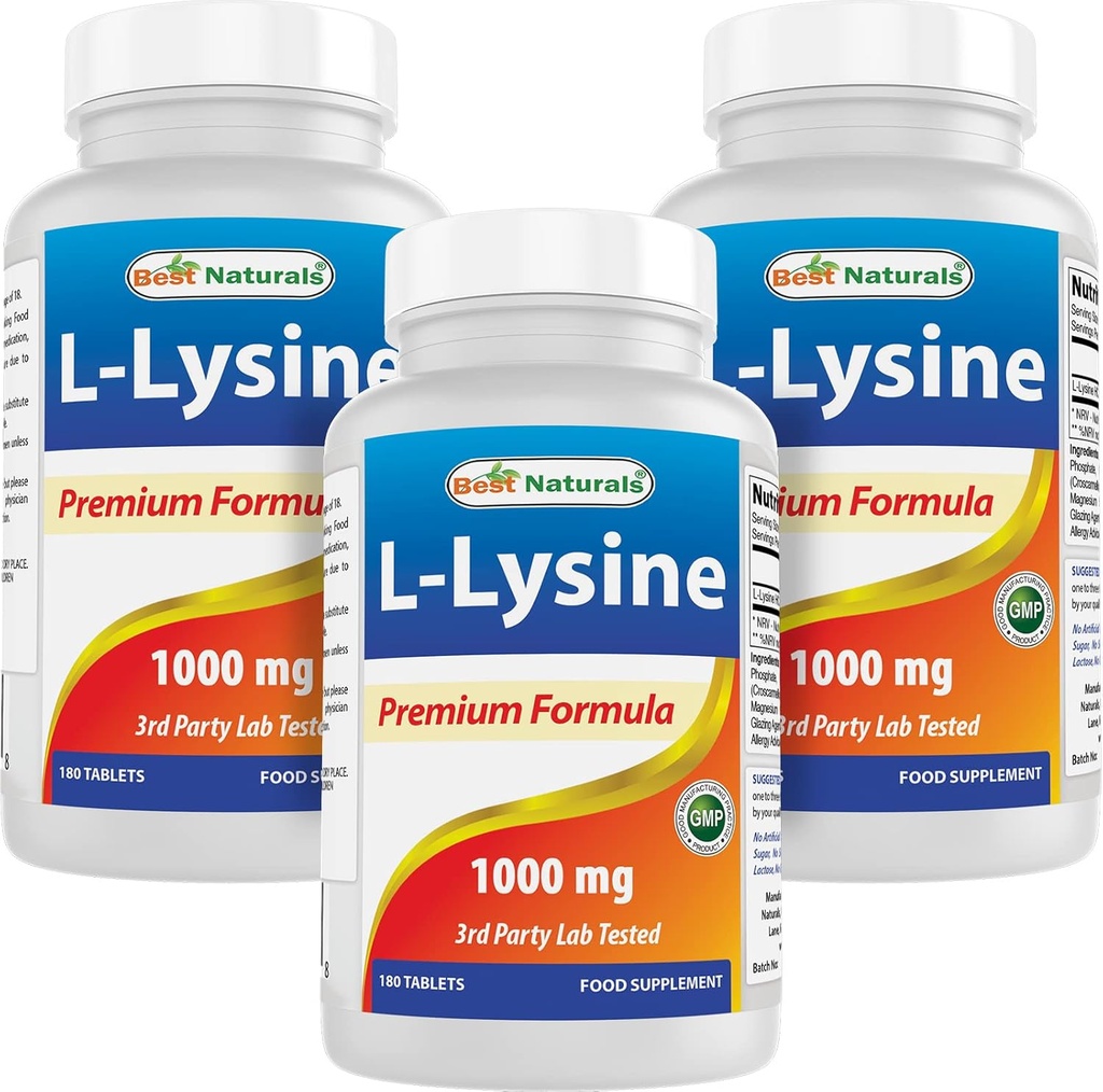 Best Naturals L-Lysine 1000 מ"ג 180 טבליות (Pack of 1) (3 בקבוקים)