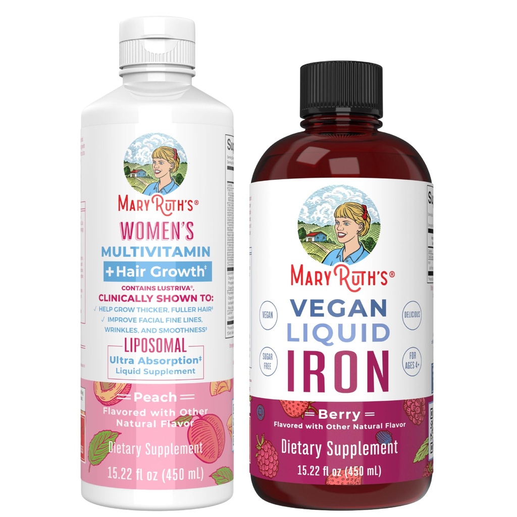 MaryRuth's Women's Multivitamin + Hair Liposomal (Peach) & Iron Liquid (Berry) | פרויקט תוויות נקי מאומת ® | תוספי יופי, חסינות ובריאות כללית | טבעונית, Non-GMO, Gluten-Free-Free Cloten-Free Label Project