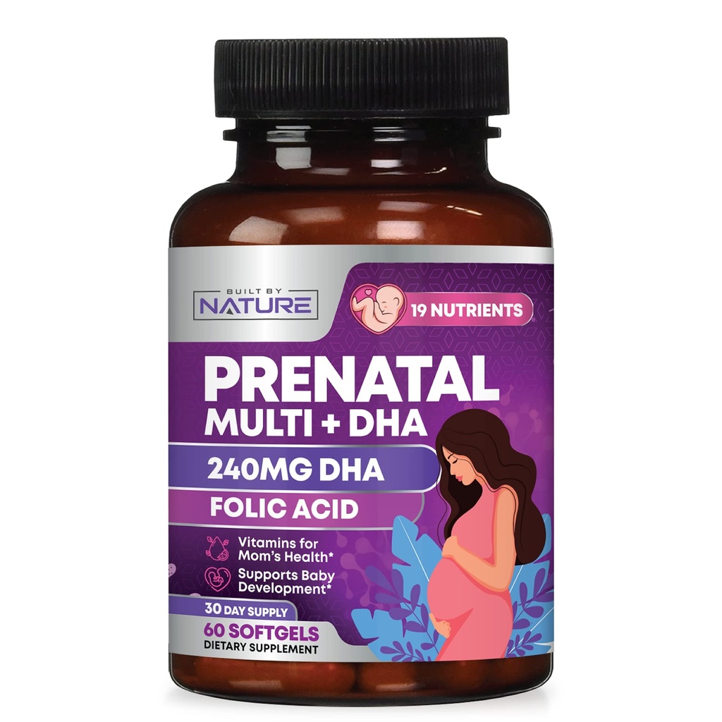 ויטמינים טרום לידתי עבור נשים - Multivitamin עם DHA, Folic Acid, ויטמין C, B12, Iron & אומגה 3 - לפני, במהלך & פוסט הריון תוספת לפיתוח צמיחה בריאה ומוח - 60 Softgels