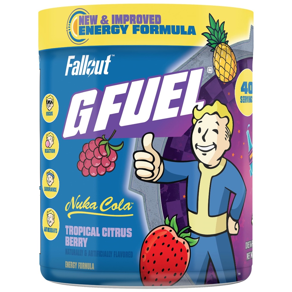 G דלק Nuka Cola Energy אבקת, סוכר חינם, נקי Caffeine Focus תוסף, מים לערבב, טרופי Citrus Berry Flavor, Focus Amino, ויטמין + Antioxidants Blend - 9.8 oz (40 משרתים)