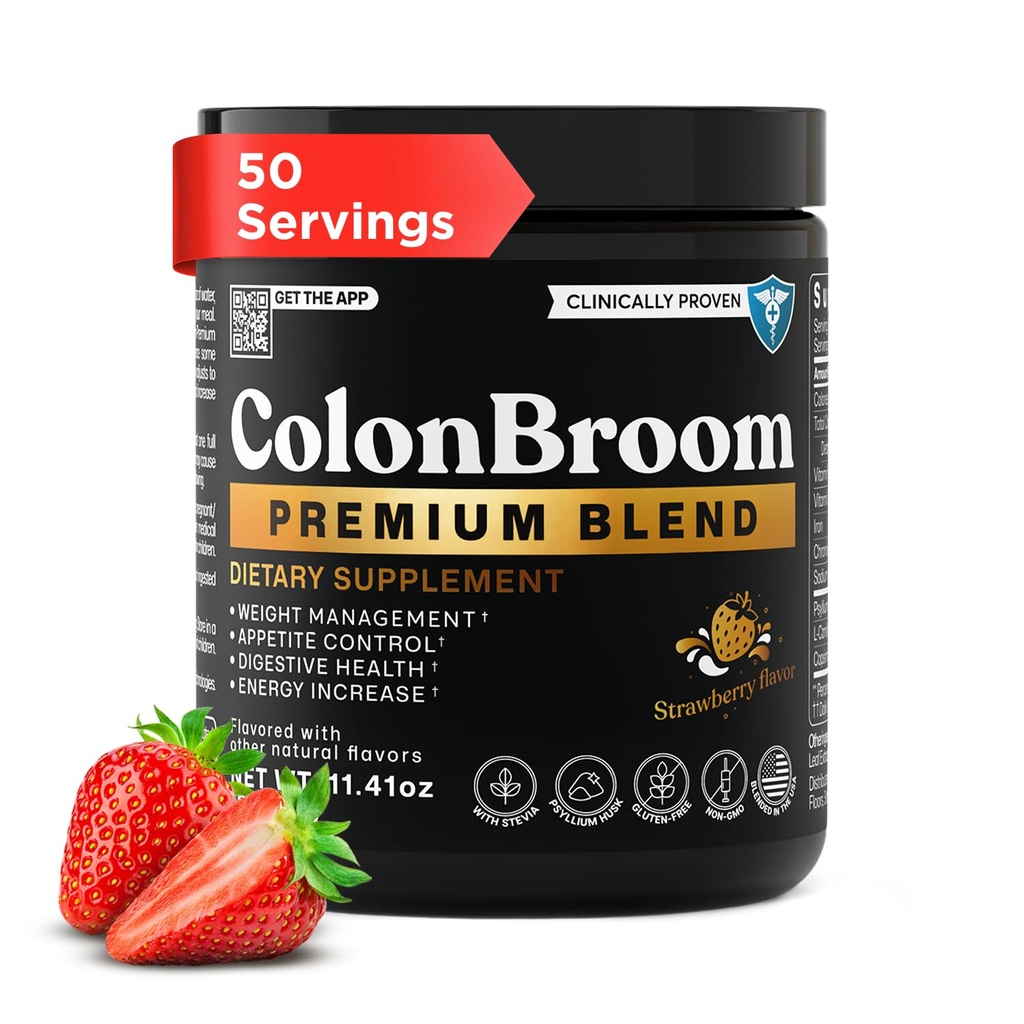 קולוןBroom Premium אבקת תוסף (Strawberry) - קולון Broom Psyllium Husk אבקת משקה - Gluten Free, non-GMO קולון ניקוי עבור Bloating Relief & Gut Health, 50 משרתים