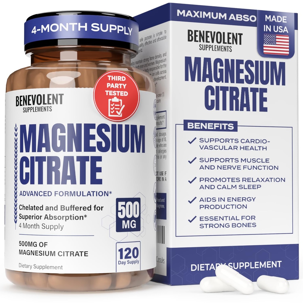 Premium Magnesium Citrate 500 מ"ג קפסולות (Citrato de Magnesio) High Absorption Formula Chelated Buffered Citrate to Support Digestion, Bone, Sleep & Muscle Health - 120 קפסולות