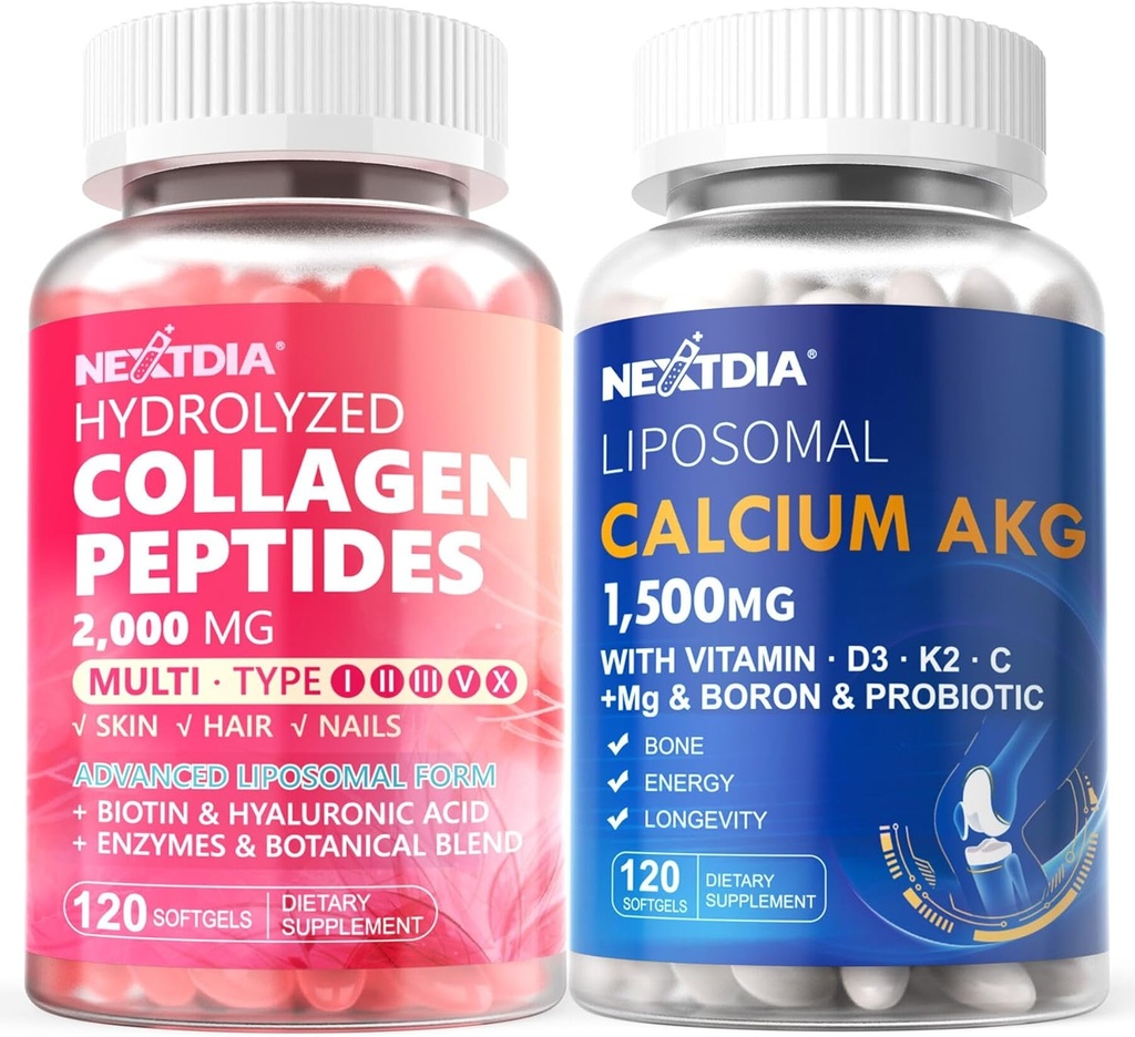 hydrolyzed Collagen Peptides גלולות + Liposomal Calcium AKG תוסף 1500mg