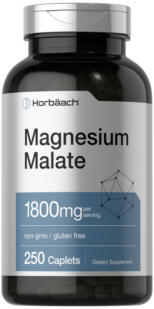 Horbäach Magnesium Malate | 1800mg | 250 Coated Caplets | Vegetarian, non-GMO, Gluten Free Supplement
