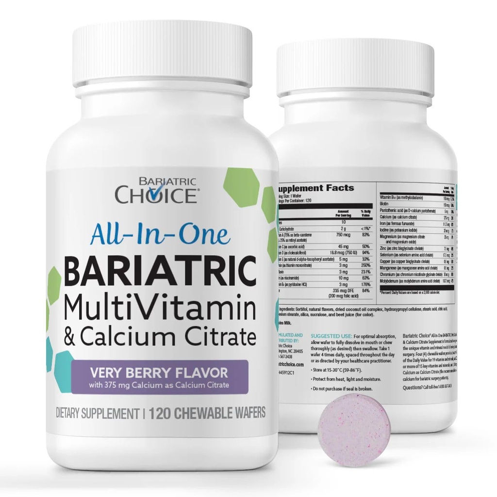 Bariatric Choice All-in-One Chewable Bariatric MultiVitamin עם Iron & Calcium Citrate, מאוד ברי (120ct)