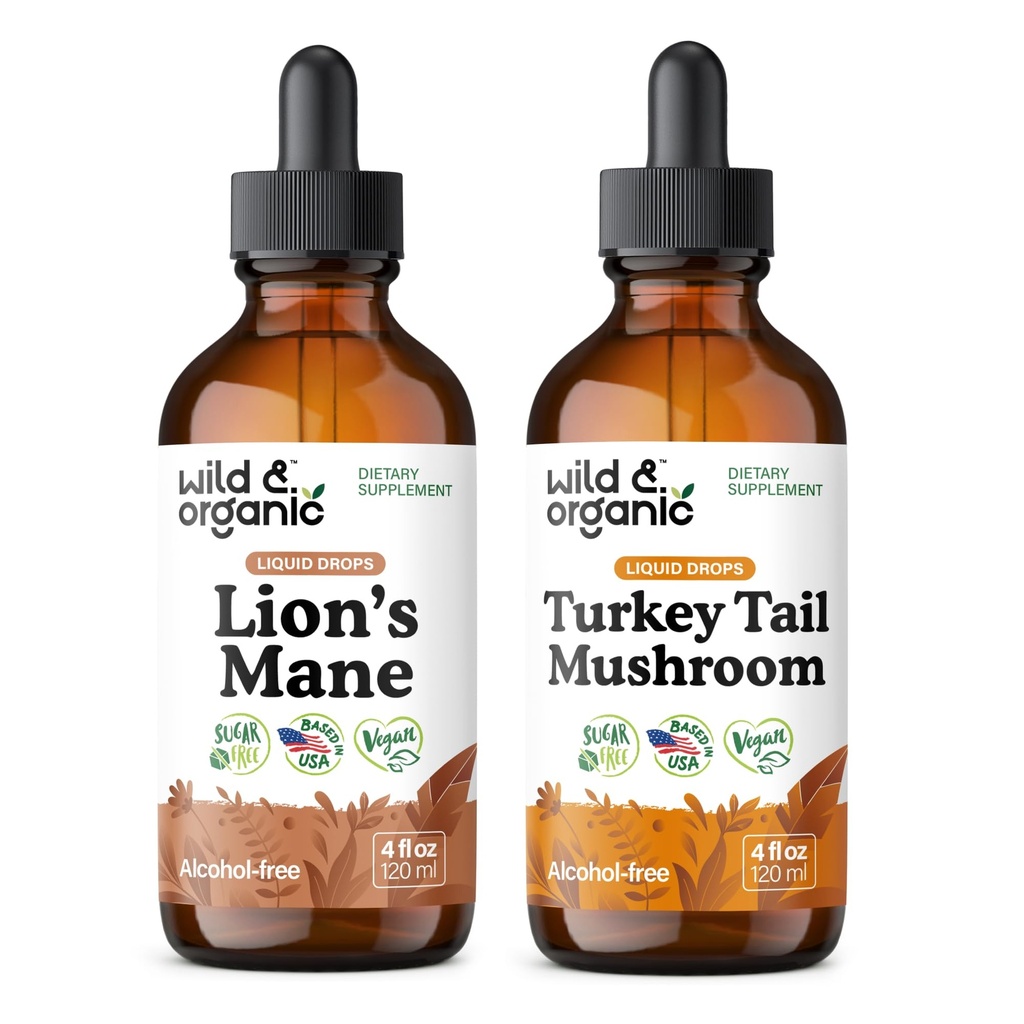Wild & Organic Lion's Mane Tincture 4 fl oz & Turkey Tail Tincture 4