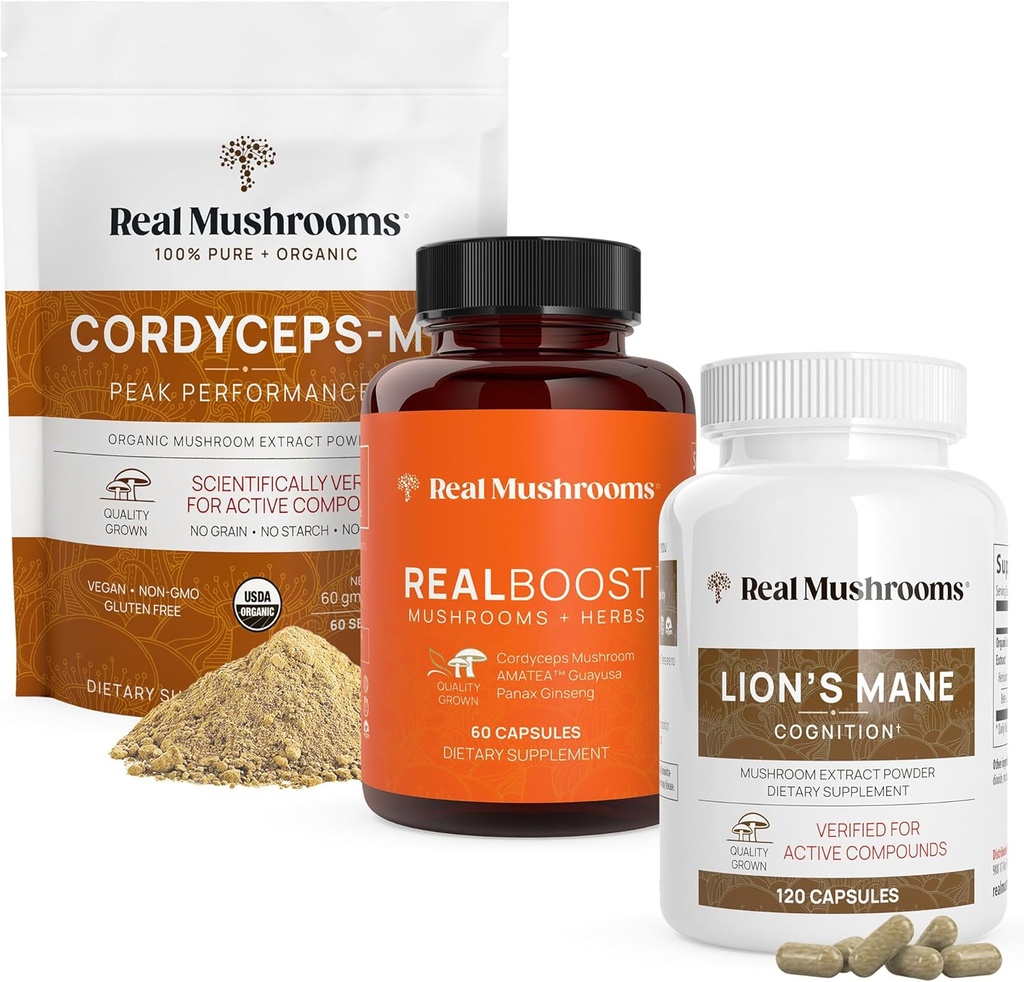 Real Mushrooms RealBoost (60ct), Lions Mane (120ct) ו- Cordyceps Mushroom אבקת & קפסולות בונדלה - תוסף Mushroom לאנרגיה, Vitality, Endurance & Cognition - טבעוני, non-GMOMO