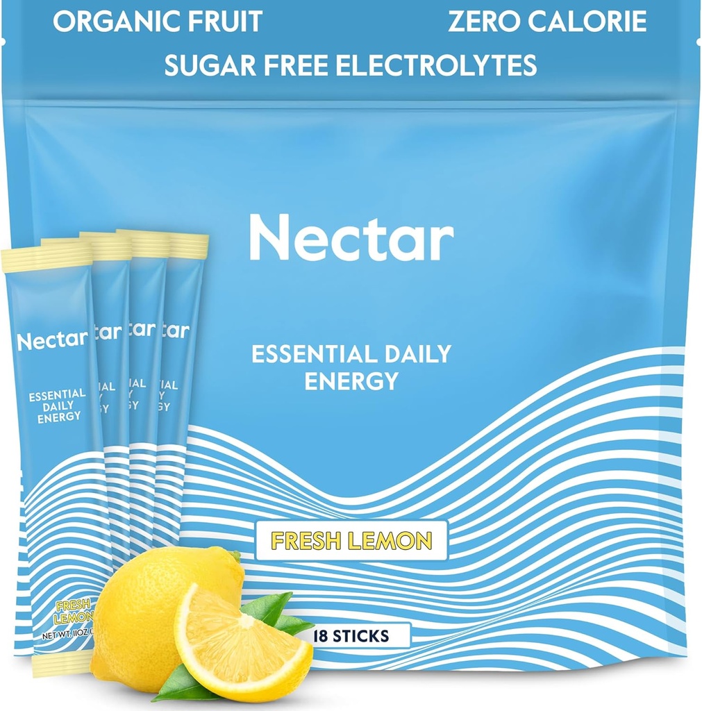 Nectar אנרגיה Booster - אורגני Caffeine, B12 & אלקטרוליטים - סוכר חינם & Zero Calorie - קפה בריא, משקאות אנרגיה & סודה אלטרנטיבה - הידרה ואנרגיה (Lemon 18 אבקת Packets)