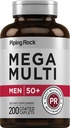 Piping Rock Multivitamin for Men Over 50+ | 200 Caplets | Mega 50 Plus Daily Multimineral | עם Magnesium, Calcium, Zinc | Non-GMO, Gluten Free Supplement
