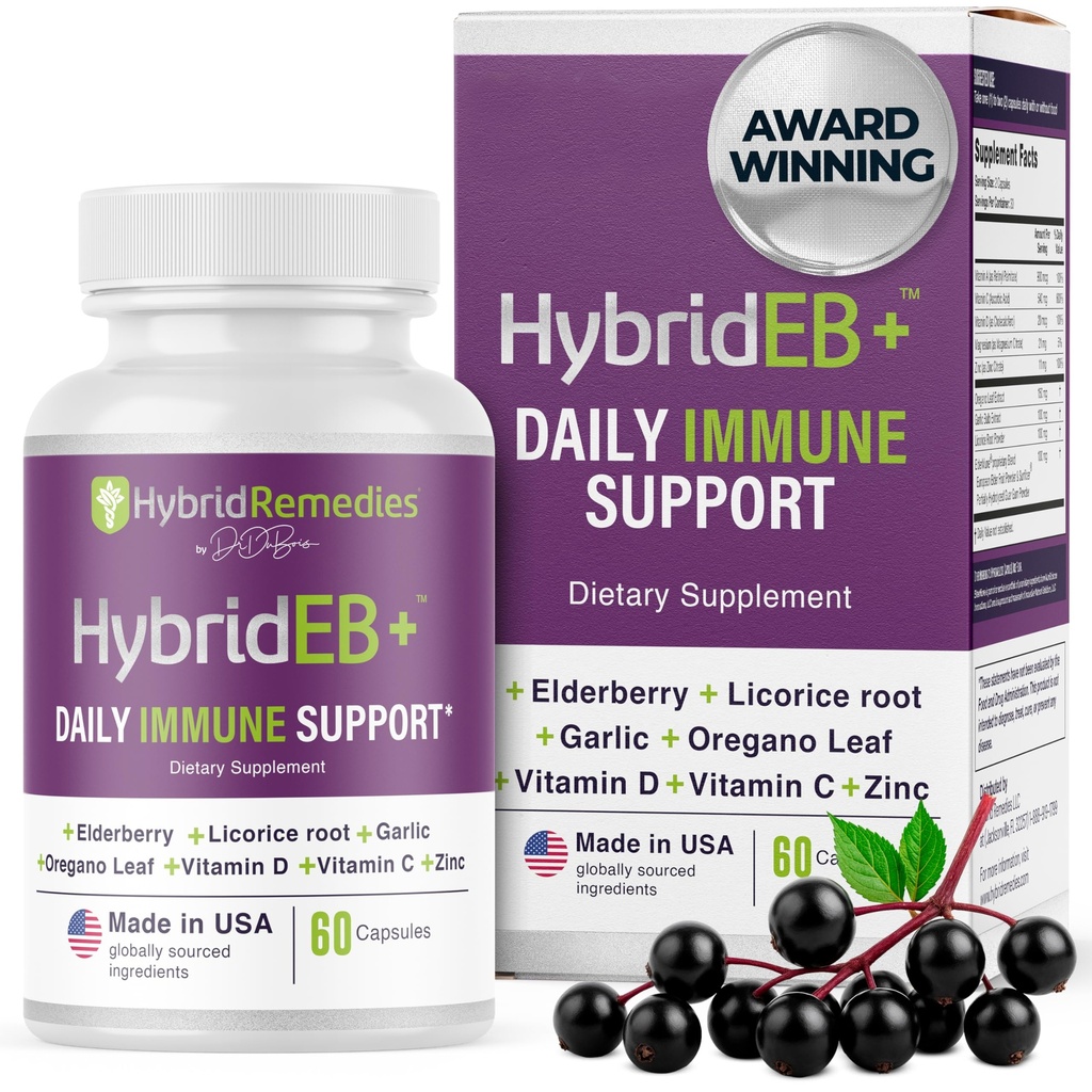 היברידיתEB Sambucus Elderberry Immune תמיכה עם ויטמין C, Zinc, ויטמין D3 - Antioxidant & Immunity תוסף, 1 חודש אספקה - 9 ב 1 Black Elderberry ילדים ומבוגרים - 60 קפסולות