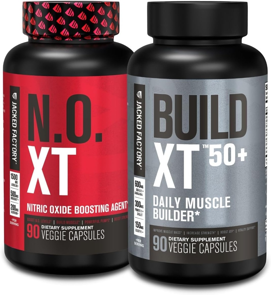 המפעל ג'קד N.O. XT Nitric Oxide תוסף (90 קפסולות) & Build XT 50+ Daily Muscle Builder (90 קפסולות) לגידול שרירים, משאבות, Vitalty, & Recovery