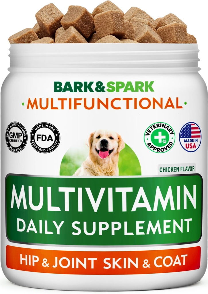 BARK &SPARK כלבים ויטמינים ותוספים - Multivitamin Chewable Treats for Dogs - Glucosamine Chondroitin משותף תמיכה + אומגה עבור Skin & Coat + Probiotics - Multi ויטמין עבור חיות בריאות - 120Cttt