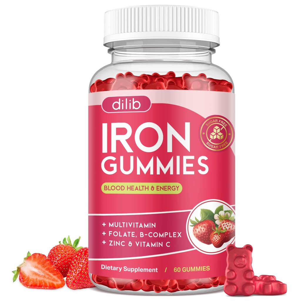 חניכיים ברזל עם Multivitamin, תוספת ברזל לנשים וגברים עם Zinc, ויטמין B Complex & C, B12, Folate - Blood Builder & Energy Support for Adults & Kids - Strawberry Flavor, 60 מסטיק טבעוני
