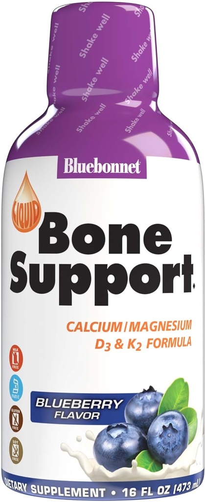Bluebonnet Nutrition נוזל העצם תמיכה Calcium Citrate, Magnesium Citrate, ויטמין D3, K2, עבור בריאות העצם, non GMO, Gluten Free, Soy חינם, חלב חופשי, כשר, 32 משרתות, Blueberry פלמור, 16 Fl Oz (Pack of 1)