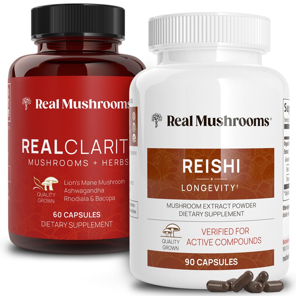 Real Mushrooms RealClarity (60ct) ו- Reishi (90ct) קפסולות בונדלה - תוספת Mushroom עבור בהירות נפשית, פוקוס, הירגעות, שינה & Longevity - טבעוני, non-GMO, רמות מאומתות של Beta-Glucans