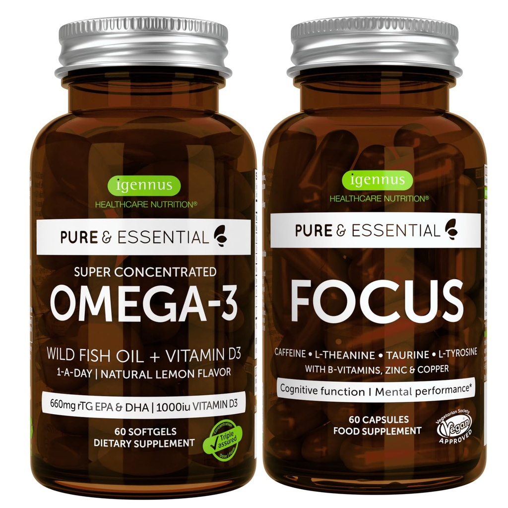 אומגה 3 & ויטמין D3 1000iu + Focus Brain Booster Bundle, Fast-Acting 1-a-Day EPA & DHA rTG Wild Fish שמן + Caffeine, L-theanine, Tairine & L-Tyrosine, B-Vitamins, Zinc & Copper, על ידי Igenssssssss, על ידי Igenssssssss, על ידי Igenssss.