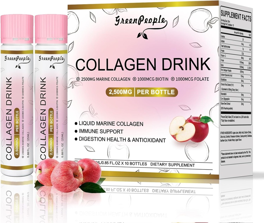 GREENPEOPLE נוזל קולגן לנשים וגברים, Fish Collagen Peptides + Hyaluronic Acid + ויטמין Bs & C, Hair Skin Nails Jointsעצמות תמיכה (0.85 floz, 10 בקבוקים, Apple)