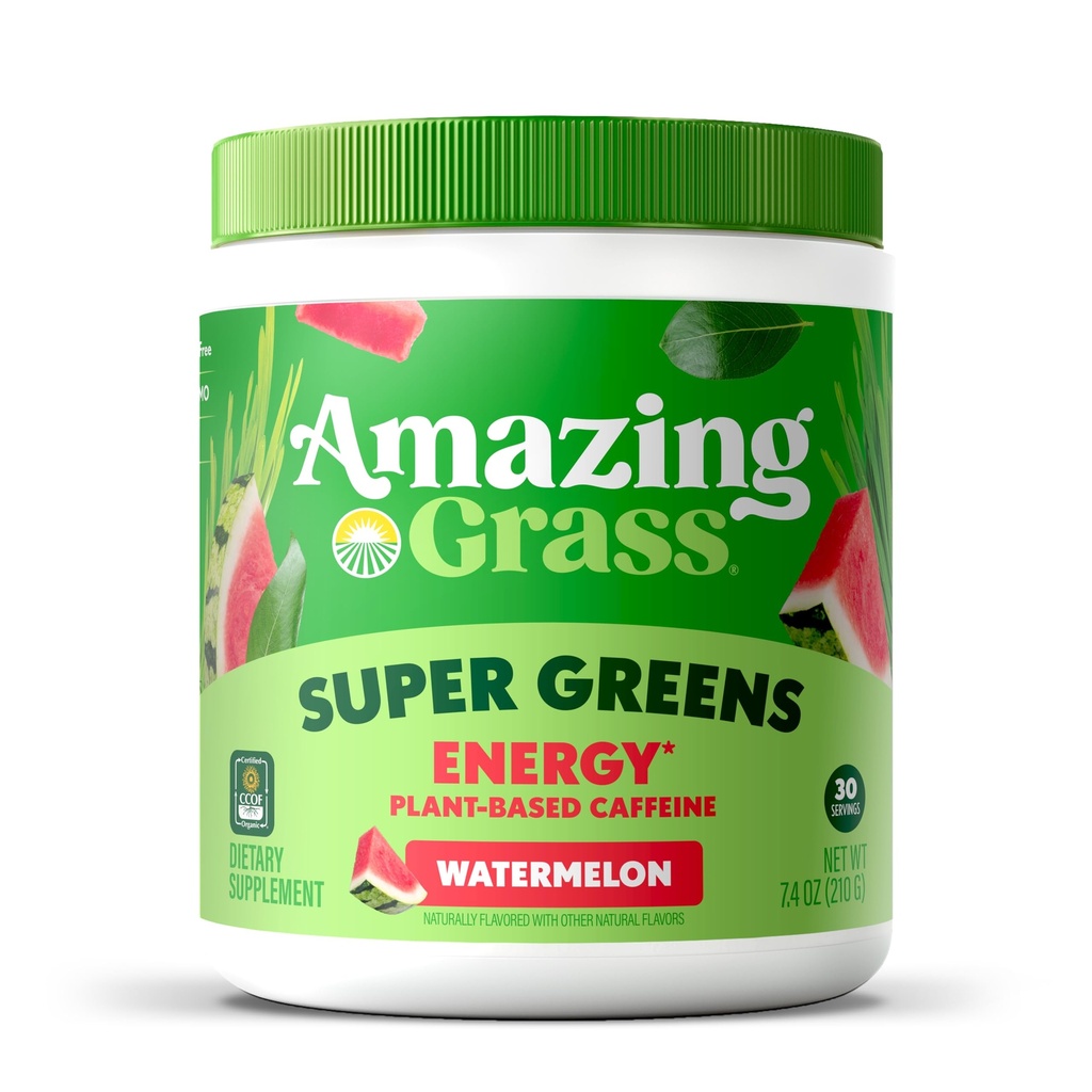 Grass Greens בלגן אנרגיה: Smoothie Mix, Super Greens אבקת ו Plant Based Caffeine עם אבקת תה ירוק ו Beet Root, Watermelon, 30 משרתות (Packaging May Vary)